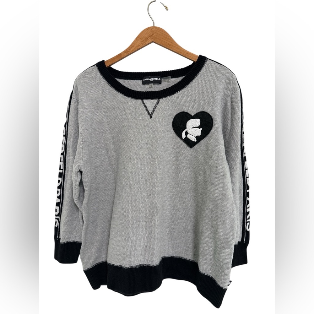 Karl Lagerfeld Gray and Black Heart Logo Crewneck Sweater